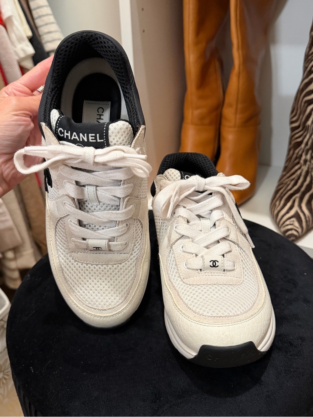 CHANEL Cream & Black Leather Chanel CC Logo Sneakers - Picture 4 of 14